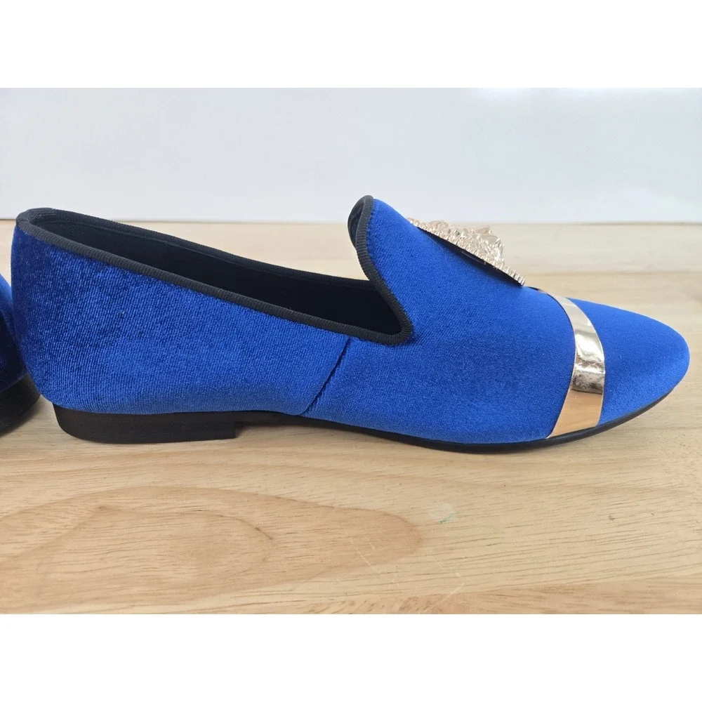 Harpelunde Men's Velvet Loafers Blue‎ Gold Lion Buckle Size 7